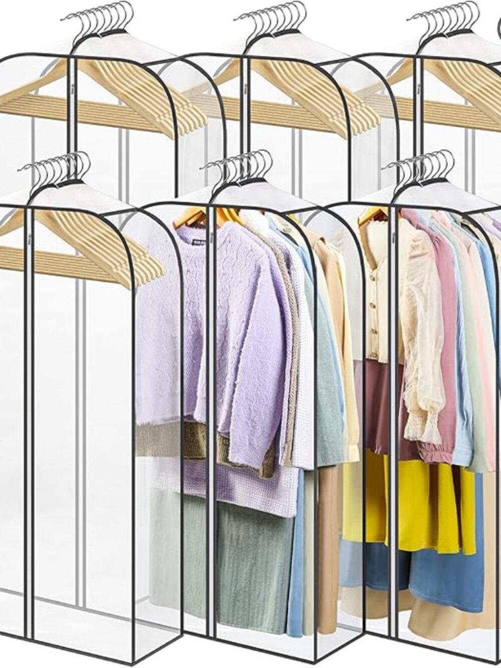6‎ Pack Clear Garment Bags for Hanging Clothes with Zippers on Double